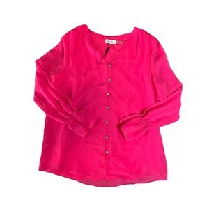 CALVIN KLEIN Hot Pink Fluid Gold Button Blouse Smocked Wrist Sz M Top Career
